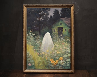 May include: A painting depicting a white ghost standing in a field of flowers. The ghost is wearing a white sheet and has a faint smile on its face. The flowers are a variety of colours, including yellow, pink, and purple. The background is a dark green forest.