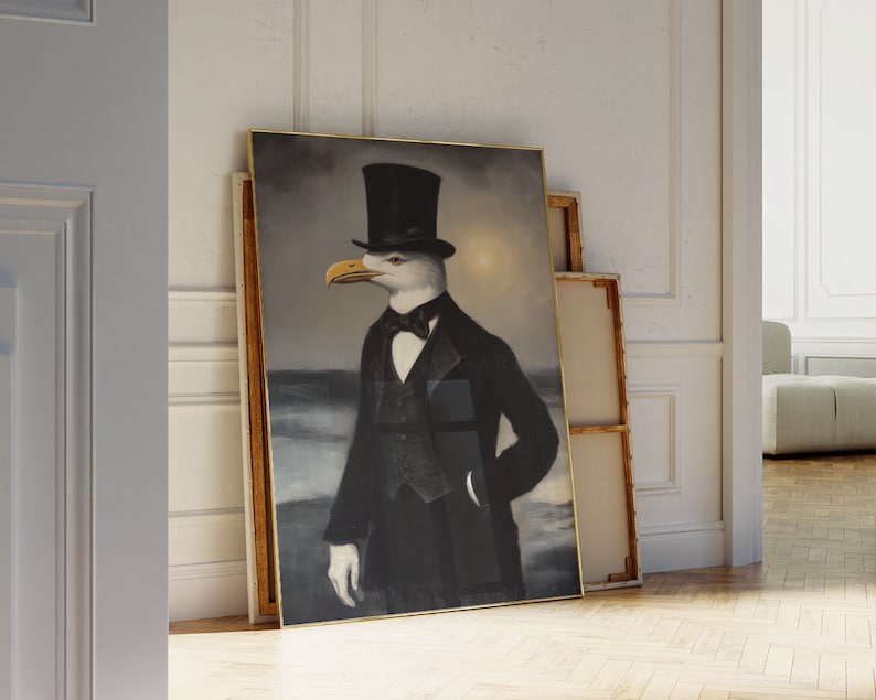 May include: A framed painting of a seagull wearing a top hat and bow tie, with a dark background and a glimpse of a beach in the distance.