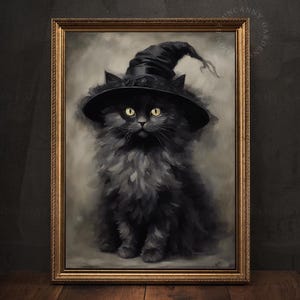 Decoración de pared de gato negro para Halloween, decoración gótica para el hogar, Dark Academia, estampado de gato brujo, gato gótico, arte antropomórfico, arte divertido de Halloween 215