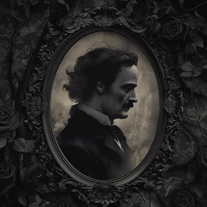May include: A black and white portrait of a man with a mustache in an ornate oval frame. The frame is surrounded by black roses and vines.