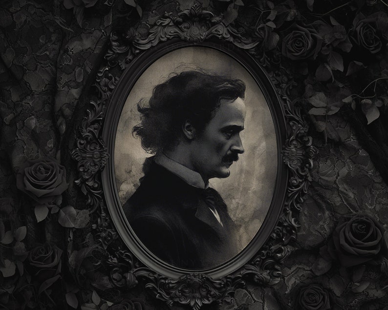 May include: A black and white portrait of a man with a mustache in an ornate oval frame. The frame is surrounded by black roses and vines.