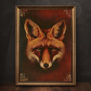 Red Fox Art, Dark Academia Print, Witchy Room Decor, Dark Cottagecore Prints, Witch Familiar, Vintage Animal Wall Art, Gothic Home Decor A2