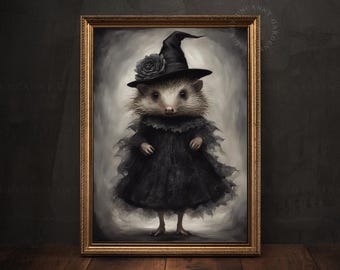 Cute Hedgehog in Witch Hat, Anthropomorphic Animal Halloween Art Print, Witch Hedgehog Halloween Print, Gothic Animal Nursery Wall Decor 209