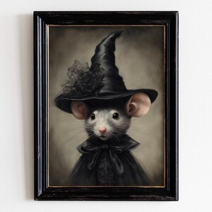 May include: A painting of a gray mouse wearing a black witch's hat with a black lace trim. The mouse has a serious expression and is looking directly at the viewer.