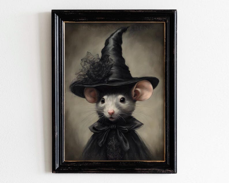 May include: A painting of a gray mouse wearing a black witch's hat with a black lace trim. The mouse has a serious expression and is looking directly at the viewer.