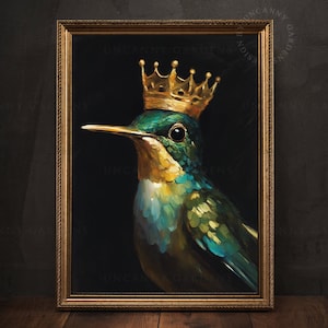 May include: A painting of a hummingbird wearing a gold crown. The hummingbird is green, blue, and yellow with a black background.