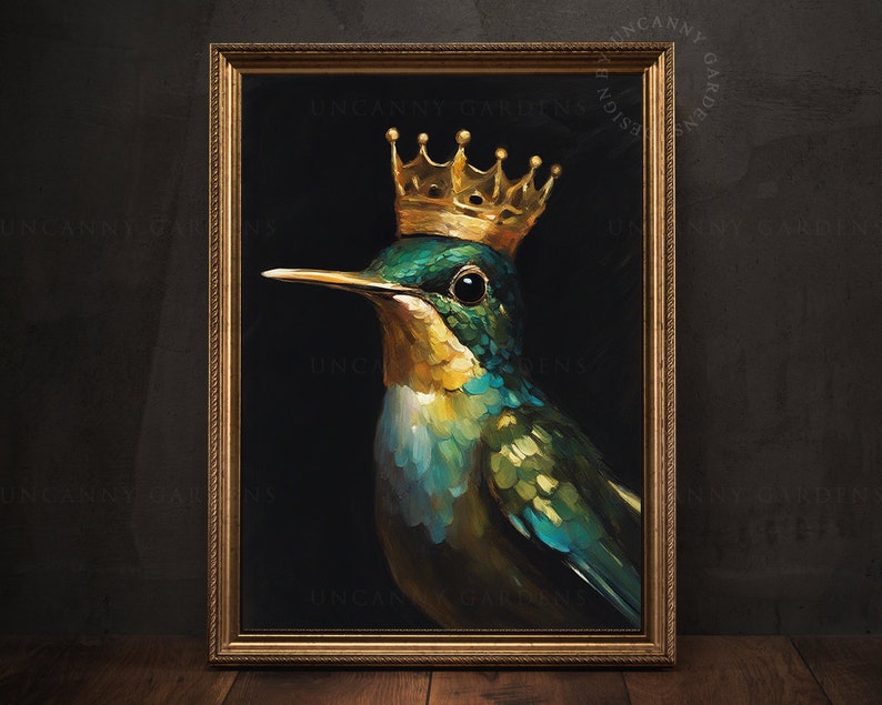 May include: A painting of a hummingbird wearing a gold crown. The hummingbird is green, blue, and yellow with a black background.