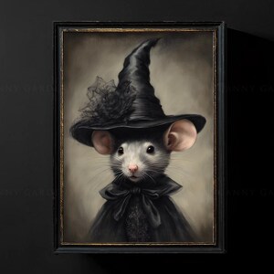 May include: A painting of a gray mouse wearing a black witch's hat with a black lace trim. The mouse is wearing a black cape and has a serious expression.