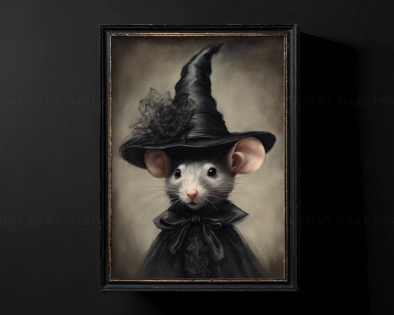 May include: A painting of a gray mouse wearing a black witch's hat with a black lace trim. The mouse is wearing a black cape and has a serious expression.
