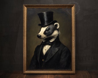 Mr Badger Victorian Portrait, Animal Lover Gift, Unique Wall Decor, Vintage Animal Prints, Dandy Dapper Badger Gentleman in Top Hat Art AD04