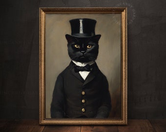 May include: A black cat wearing a top hat and a bow tie, painted in a portrait style. The cat is wearing a black suit jacket and a white shirt. The background is a light brown color.
