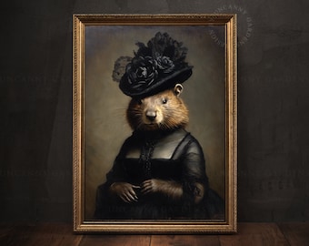 Victorian Beaver Decor, Gothic Beaver Portrait, American Beaver Poster, Funny Victorian Wall Art, Animal Humor, Dark Cottagecore Decor AD88