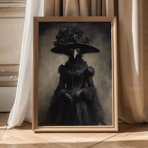 May include: A framed artwork featuring a figure in a black dress and a wide-brimmed hat adorned with roses. The figure has a bird-like mask. The artwork is set against a muted background, creating a gothic and mysterious aesthetic.