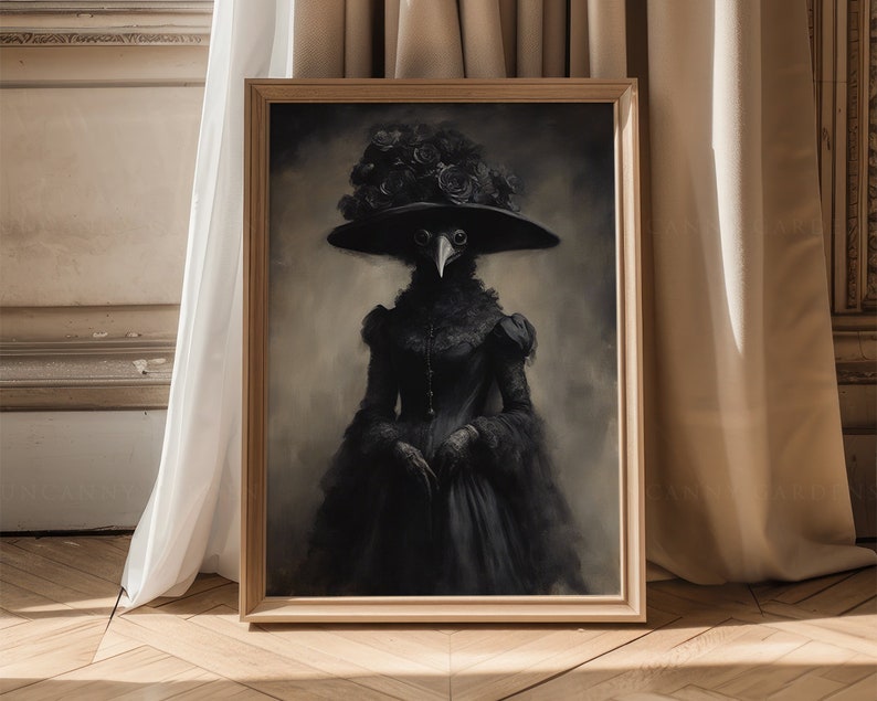 May include: A framed artwork featuring a figure in a black dress and a wide-brimmed hat adorned with roses. The figure has a bird-like mask. The artwork is set against a muted background, creating a gothic and mysterious aesthetic.