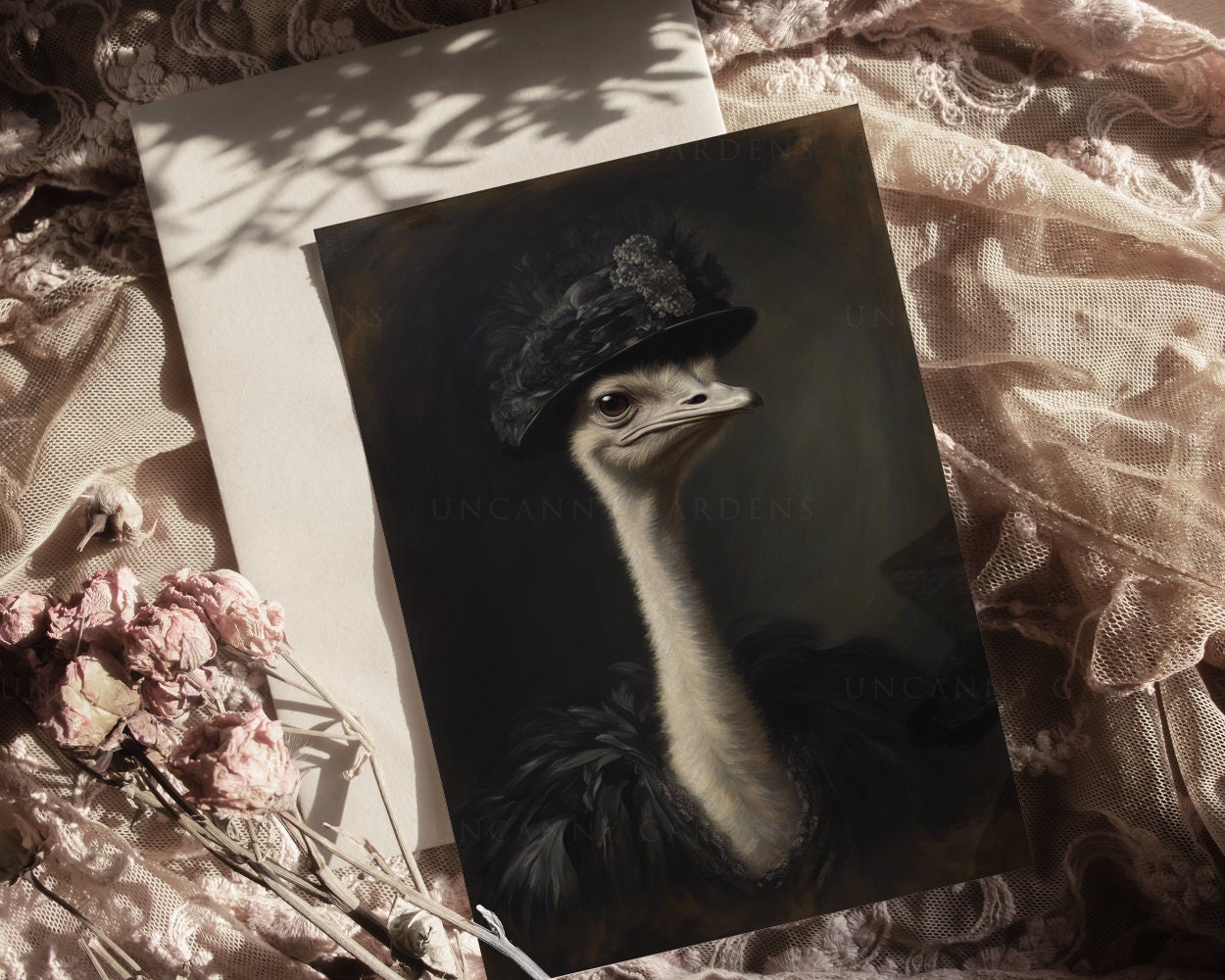 Miss Ostrich Emu Gothic Victorian Portrait Print, Vintage Wall Art