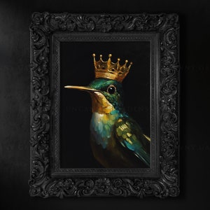 May include: A painting of a hummingbird wearing a gold crown. The hummingbird is green and blue with a black background.