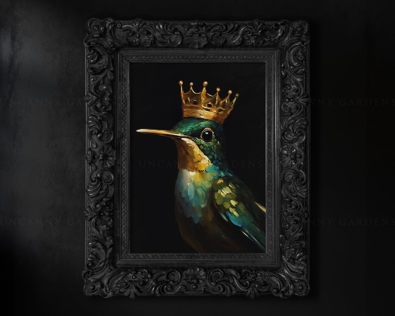 May include: A painting of a hummingbird wearing a gold crown. The hummingbird is green and blue with a black background.