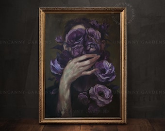 Purple Floral Portrait, Moody Wall Art Print, Gothic Home Decor, Dark Academia, Cottagecore Art, Maximalist Home Decor, Violet Flowers 510