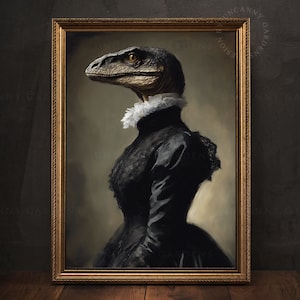 Viktorianischer Velociraptor Portrait, Gothic Dinosaurier Druck, Raptor Art, Witchy Goth Dekor, Dunkle Kunstdrucke, Dark Academia, Weirdcore Art AD108