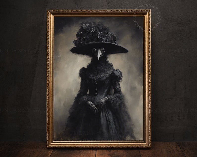 May include: A framed artwork depicts a figure in a black dress and hat adorned with roses, with a bird-like mask. The artwork is set against a muted background, framed in a gold-colored frame, creating a gothic and mysterious aesthetic.