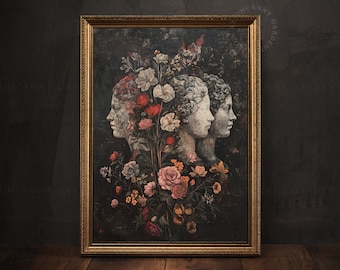 Floral Goddesses, Dark Academia Print, Moody Flower Print, Antique Woman Portrait, Black Botanical Painting, Goddess Head Bust Decor  M005