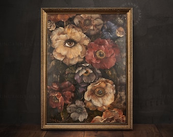 Könnte beinhalten: Ein gerahmtes Gemälde eines Blumenstraußes mit einem einzelnen Auge in der Mitte einer der Blumen. Die Blumen sind in Rot-, Rosa-, Lila- und Gelbtönen gemalt.