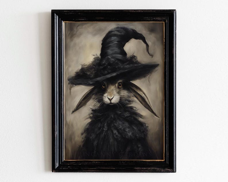 May include: A painting of a rabbit wearing a black witch's hat with a wide brim. The rabbit has brown fur and is looking directly at the viewer. The background is a dark brown.