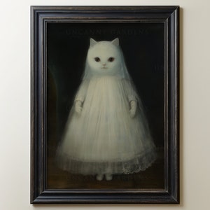 May include: A white cat wearing a white dress and veil, standing on a dark background. The cat has red eyes and a serious expression. The painting is titled "Uncanny Gardens".