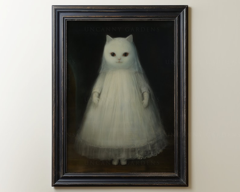 May include: A white cat wearing a white dress and veil, standing on a dark background. The cat has red eyes and a serious expression. The painting is titled "Uncanny Gardens".