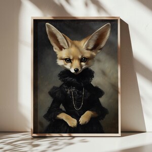 May include: A painting of a fennec fox wearing a black lace dress with a pearl necklace. The fox has large ears and a fluffy tail. The background is a dark brown color.