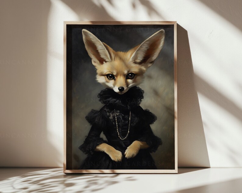 May include: A painting of a fennec fox wearing a black lace dress with a pearl necklace. The fox has large ears and a fluffy tail. The background is a dark brown color.