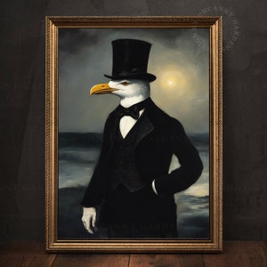 May include: A painting of a seagull wearing a black top hat and a tuxedo, standing in front of a stormy sea. The seagull has a serious expression on its face.