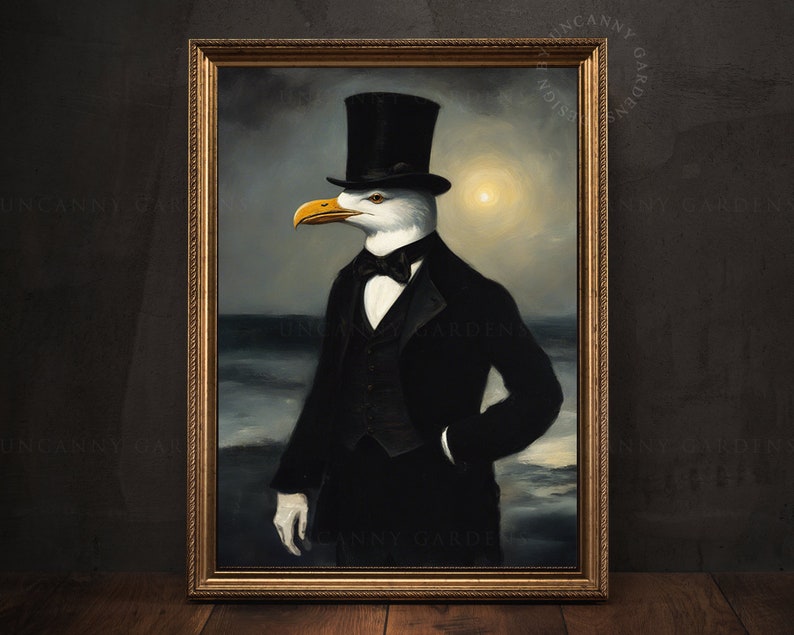 May include: A painting of a seagull wearing a black top hat and a tuxedo, standing in front of a stormy sea. The seagull has a serious expression on its face.