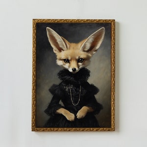 May include: A painting of a fennec fox wearing a black lace dress with a pearl necklace. The fox has large ears and a fluffy tail. The painting is framed in a gold frame.