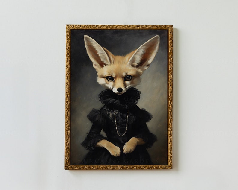 May include: A painting of a fennec fox wearing a black lace dress with a pearl necklace. The fox has large ears and a fluffy tail. The painting is framed in a gold frame.