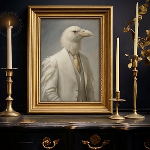 Dapper White Raven Art Print, Vintage Wall Art, Unique Home Decor, Anthropomorphic Bird Print, Vintage Animal Painting, Cottagecore Art AD24