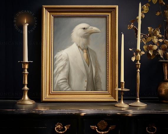 Dapper White Raven Art Print, Vintage Wall Art, Unique Home Decor, Anthropomorphic Bird Print, Vintage Animal Painting, Cottagecore Art AD24