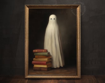 May include: A white ghost with two black eyes stands in front of a stack of old books in a gold frame. The background is a dark brown color.