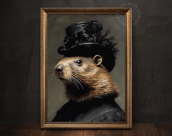 Lady Beaver Victorian Portrait, Vintage Beaver Art Print Poster, Funny Couple Gift for Wife, Humorous Animal Art, Dark Cottagecore AD89