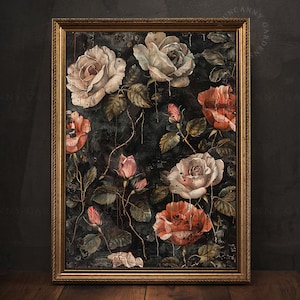 Stimmungsvolle Blumenkunst, Rote Rosen, Botanische Kunst, Gothic Wohndekor, Geschenk für Sie M009