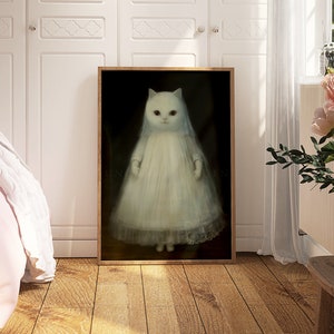 May include: A framed painting of a white cat wearing a white bridal veil and dress. The cat has red eyes and is standing on a dark background.