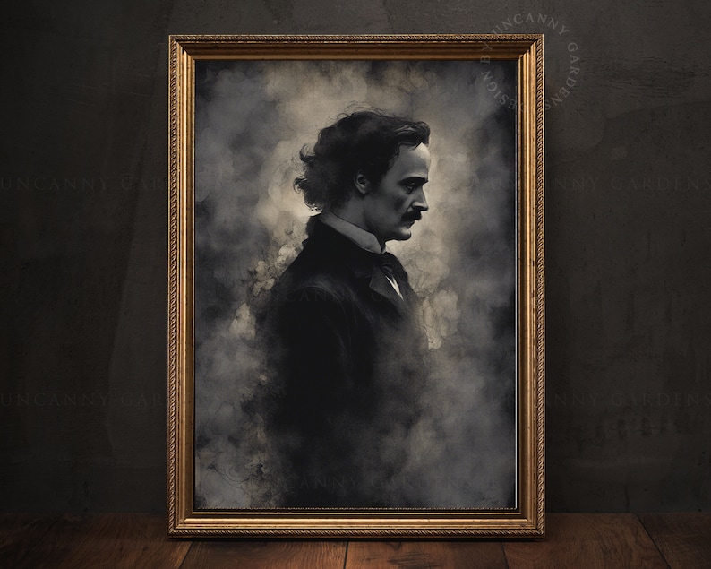 May include: A framed portrait of a man with dark hair and a mustache. He is wearing a dark suit and a white shirt. The background is a soft, faded gray.