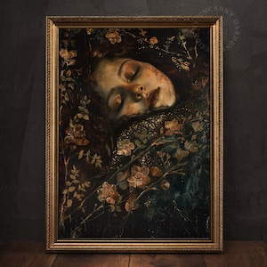 Sleeping Witch Portrait, Romantic Dark Academia Wall Art, Ophelia Print, Moody Floral Art Prints, Gift for Witch, Pagan Goth Wall Art, W01