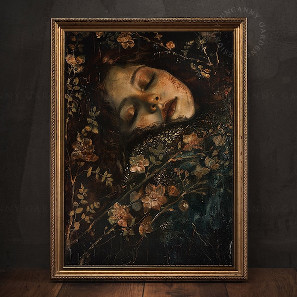 Schlafende Hexe Portrait, Romantische Dark Academia Wandkunst, Ophelia Druck, Stimmungsvolle Blumen Kunstdrucke, Geschenk für Hexe, Pagan Goth Wandkunst, W01