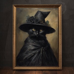 May include: A black cat wearing a witch's hat with black roses and a black cape. The cat is painted in a realistic style and is set against a light brown background.
