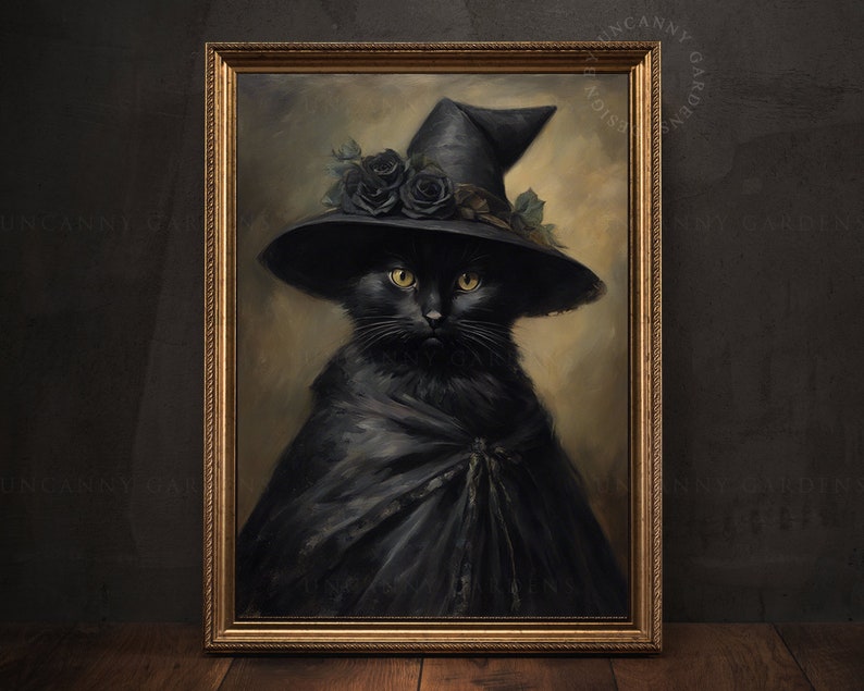 May include: A black cat wearing a witch's hat with black roses and a black cape. The cat is painted in a realistic style and is set against a light brown background.