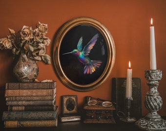 Lebendiger Kolibri-Druck, dunkle Academia, dunkle launische Drucke, ästhetisches Wohndekor, Vintage-Vogel-Wandkunst, Freundin Geschenk für sie AD83