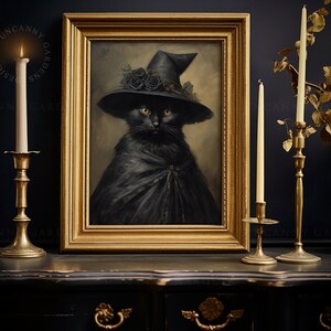 May include: A framed painting of a black cat wearing a witch's hat with black roses. The cat is wearing a black cape and has a serious expression. The painting is in a gold frame and is hanging on a dark wall.