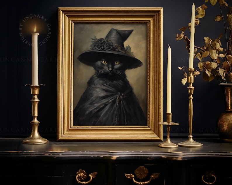 May include: A framed painting of a black cat wearing a witch's hat with black roses. The cat is wearing a black cape and has a serious expression. The painting is in a gold frame and is hanging on a dark wall.