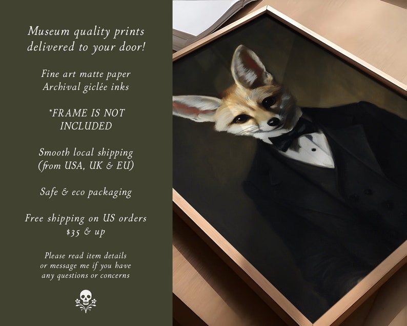 May include: A framed art print featuring a fox in a tuxedo. The fox has tan fur and large ears, and is wearing a black tuxedo with a bow tie. The frame is a light brown color. The text on the left side says "Museum quality prints delivered to your door!"